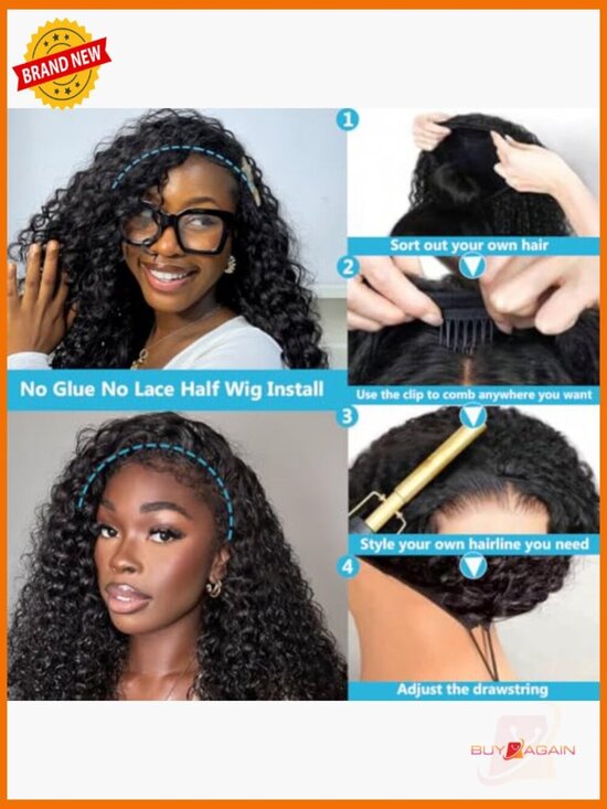 Water Wave Half Wig Human Hair 200% Density Glueless Drawstring Beginner